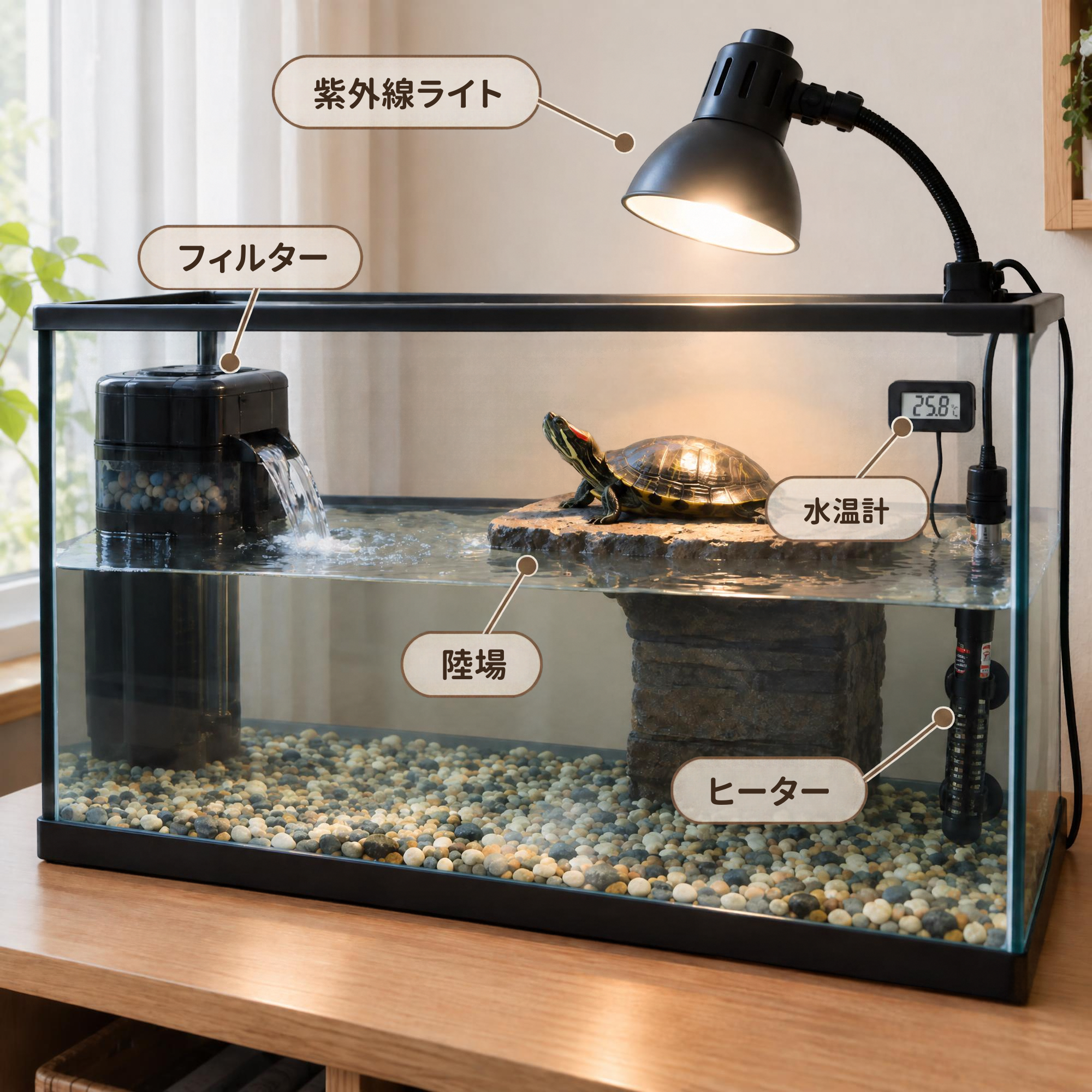 紫外線ライト・保温球付きスタンドと、水面から出たバスキングスポットのあるガラス水槽の例