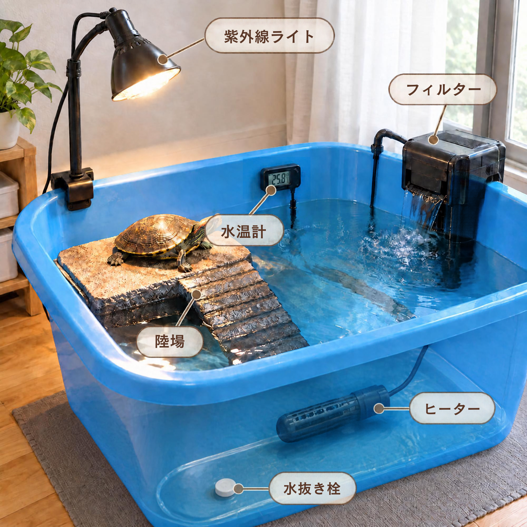 プラスチック製たらい（トロ舟）に、水場と台で作った陸地・スタンド式ライトを組み合わせた例